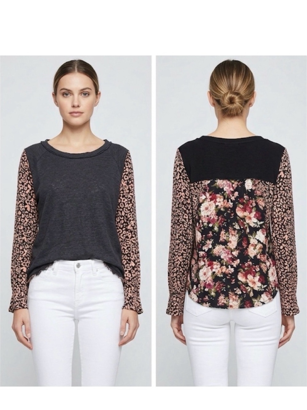 umgee Floral Patchwork Long Sleeve Top Size S Blouse Boho Casual Cottage Top